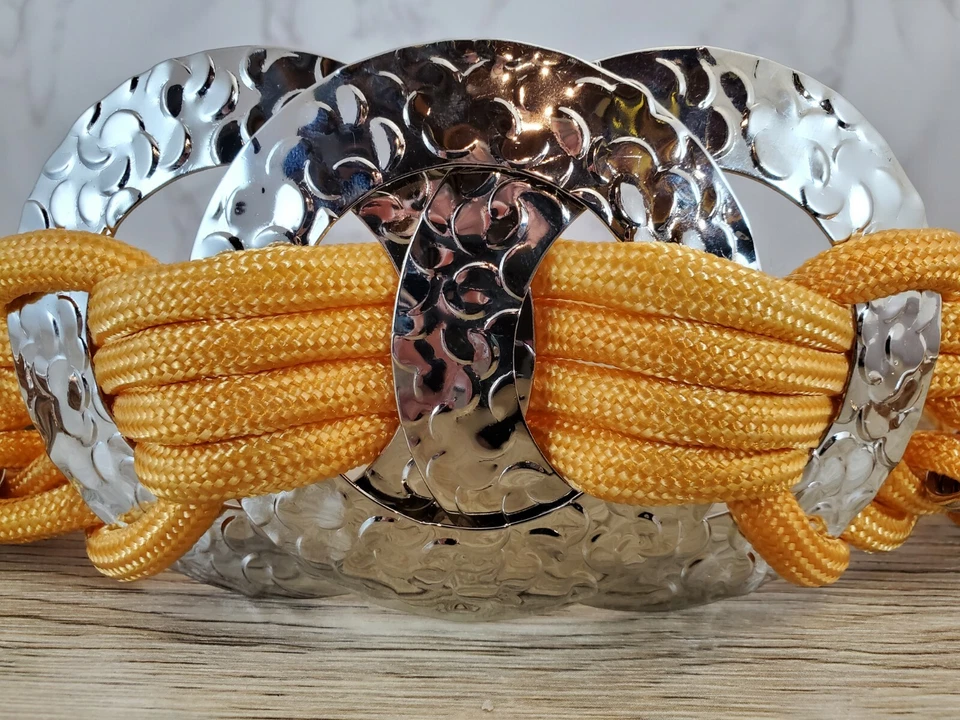 Women's Belt S Hammered Silver Tone Metal Yellow Fall Colors Nylon Cord - Image 2 of 4