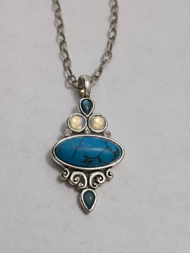 925 Silver Necklace Turquoise Inlay Pendant Gemstone Pearl Accent Adjustable VTG - Image 2 of 4