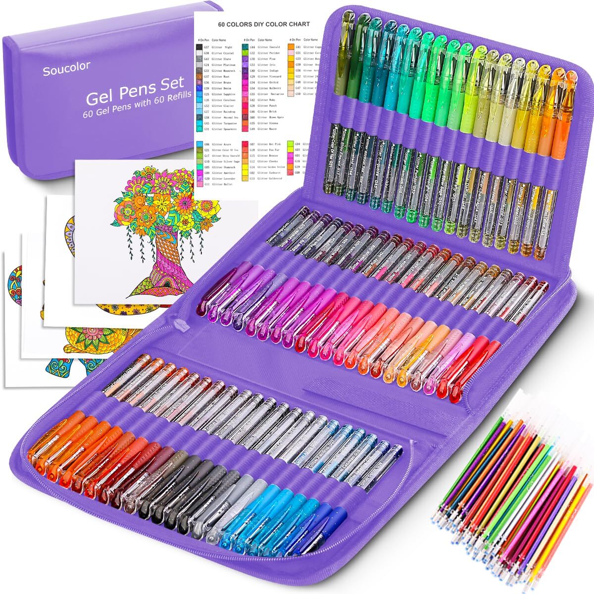 Glitter Pens for Adult Coloring Books, 120 Pack-60 Glitter Pens, 60 Refills a...-image