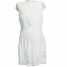 RALPH LAUREN White Cotton Voile Geometric Eyelet Pleated Dress 14