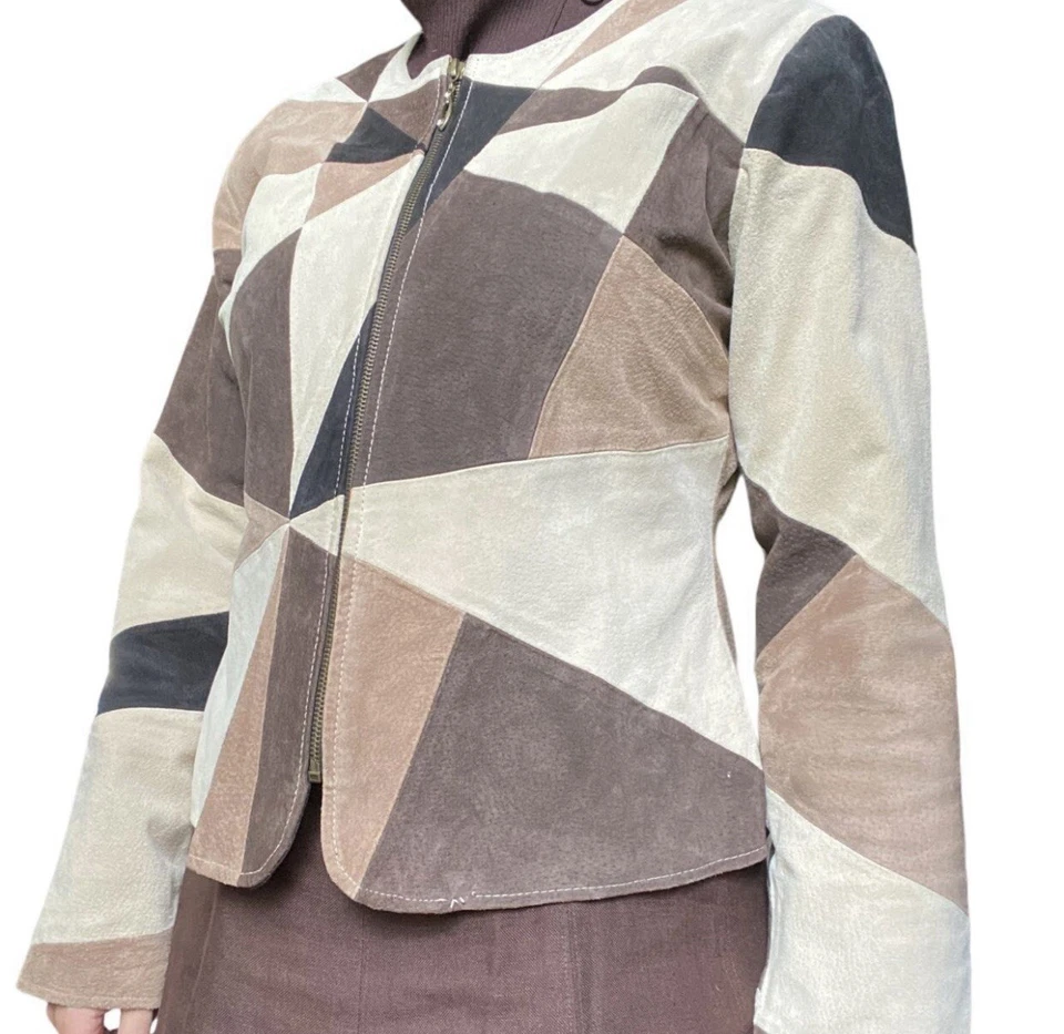 Chaqueta Marrón Patchwork Mujer Gamuza Mediana Geométrica Años 90 Boho Western Talla L Foto 3 de 4
