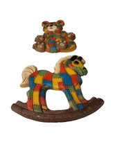 VTG 70s Foam Craft Stitch Patchwork Teddy Bear Toy Horse Wall Decor Plaque Set