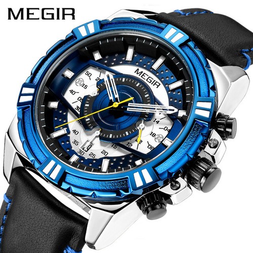 MEGIR Men's Leather Strap Army Sports Casual Watches Waterproof Luminous Army