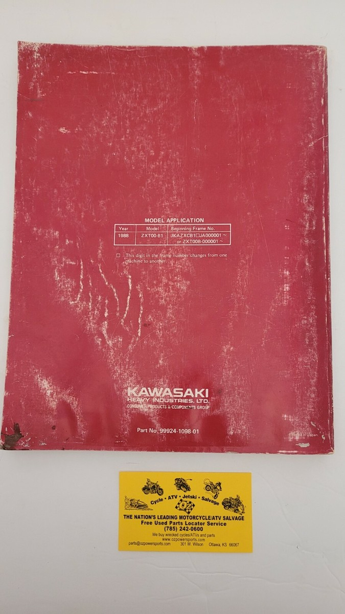 Used 1988 Kawasaki ZX10 Ninja Motorcycle Service Manual 99924-1098