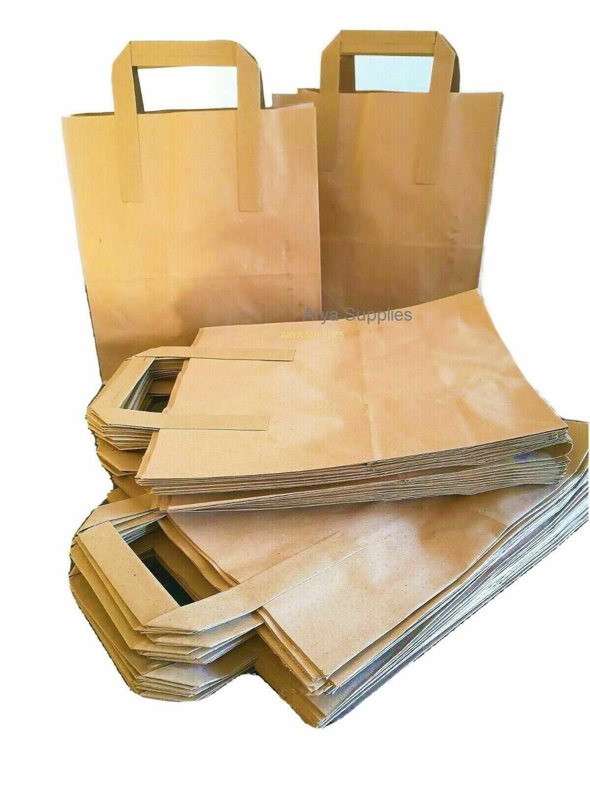 50 SMALL Brown Craft Paper Carrier Bags with Flat Handles for Lunch Gifts Bags