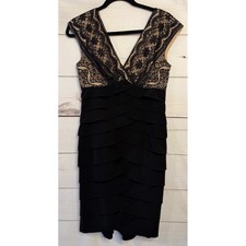 Adrianna Papell Black Lace Tiered Ruffle Cocktail Dress Size 6 V-Neck Cap Sleeve