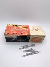 Whole box of vintage Flamingo metal silver Bobby pins - box has some damage.