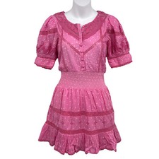 LoveShackFancy Jaislyn Dress S Button Front Puff Sleeve Crochet Lace Smocked NWT