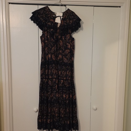 Ulla Johnson Jacqueline Dress Black Orange Paisley V-Neck Lace Ruffle Midi 12