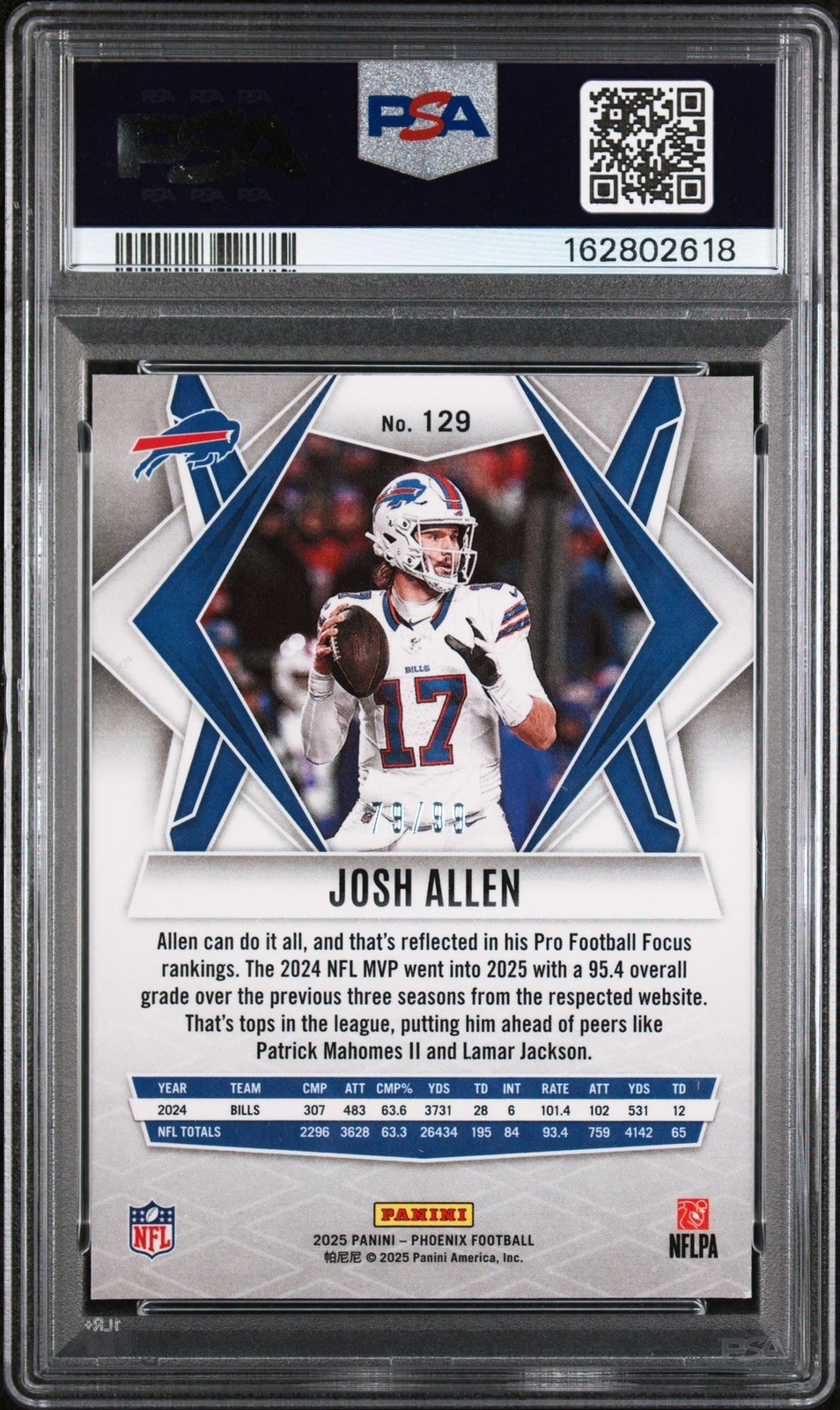 2025 Panini Phoenix Josh Allen Orange Winter #/99 #129 PSA 10 view 2