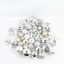 Lot of 55 Shiny and Glittery Silver Christmas Ornaments Various Shapes Sizes