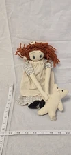 Vintage Red Headed Cloth Rag Dolls Holding Bears Dress Smock And Ruffled Pants
