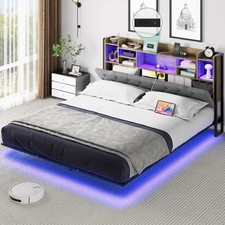 King Size Metal Platform Bed Frame with LED Headboard USB Ports & Charging