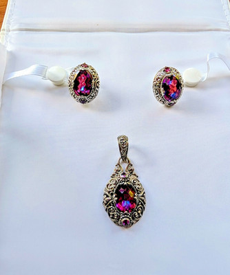 SARDA Bali Sterling Silver Topaz Amethyst Swirl Pendant Necklace Earrings Set