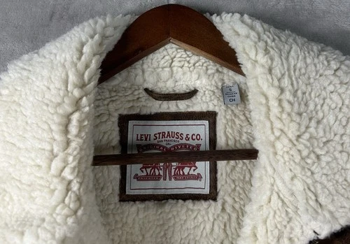 Levi’s Faux Shearling Rancher Aviator Jacket Mens Sz Small Brown Pockets Buckles image 7