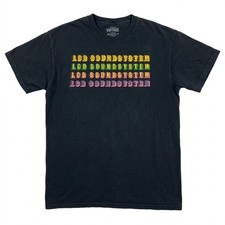 LCD Soundsystem Band T-Shirt M Rainbow Stacked Logo Faded Black Gildan Indie Tee