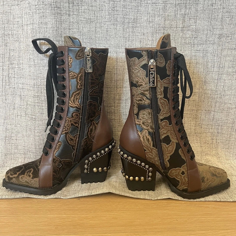 Chloe Rylee Lace Up Embossed Velvet Bold Brown Boots EU 34 w/Metal Heel - Image 4 of 4