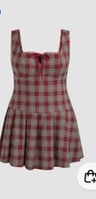 Cider Red Blue Beige Plaid Dress Sleeveless Square Neck Pleated Plus 3XL NWT