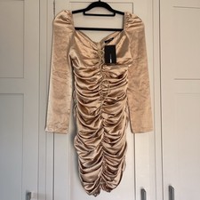 New Fashion Nova Rose Gold Nude Satin FantasyRuched Dress Size Small RRP $42.99