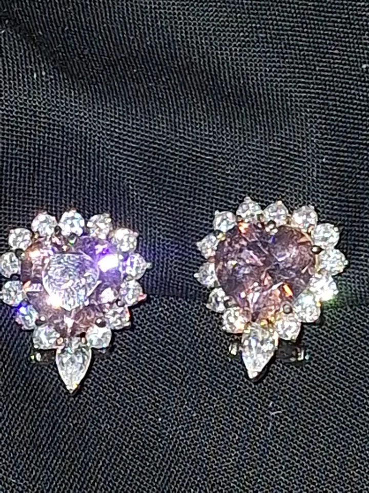 心形粉色蓝宝石立方锆石 14K 黄金银色耳环穿孔 — 第 2/4 张图片