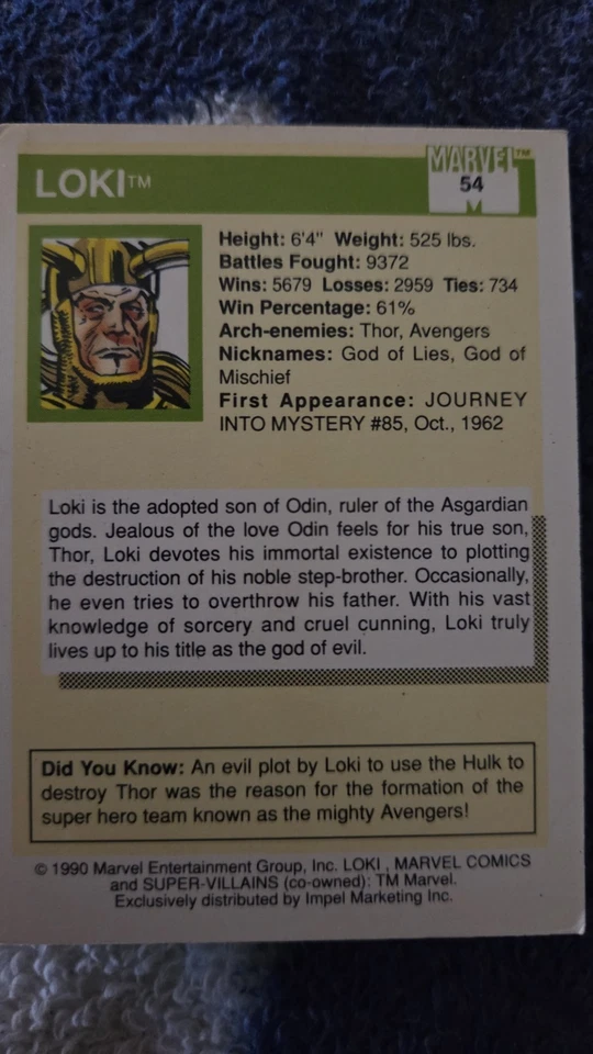Tarjeta Loki 1990 Impel Marvel Comics Universe Super Villans #54 Foto 2 de 4