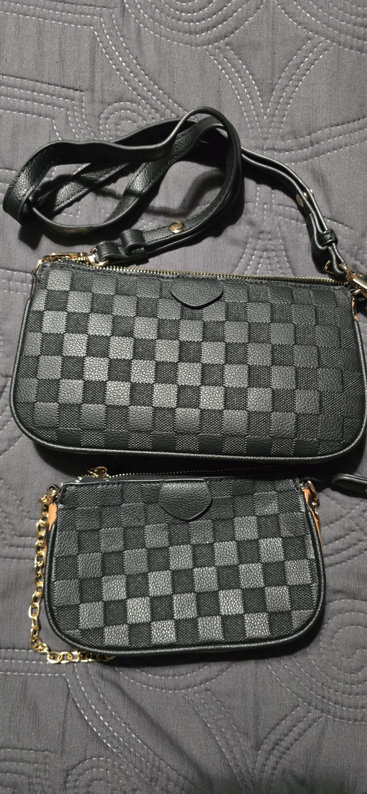 Black Checkered Shoulder Bag with Crossbody Strap for Women 