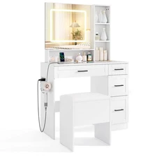 35.5" Makeup Table Set Vanity Desk w/ Mirror and Lights 2 Open Shelves Glass Top