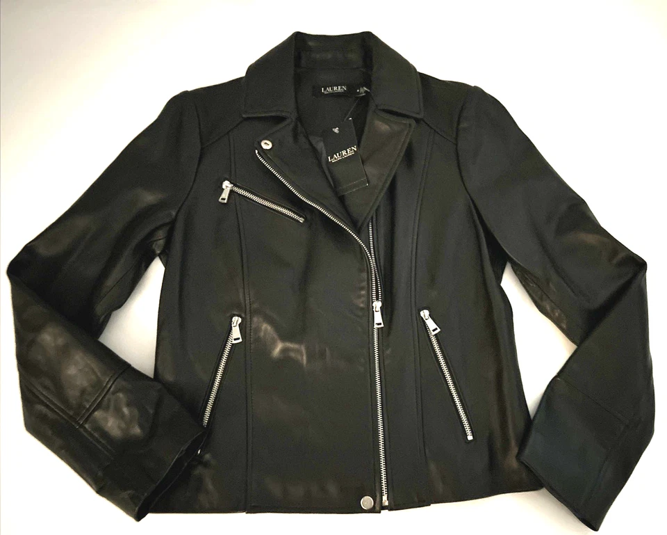 NUEVA CHAQUETA PARA MUJER RALPH LAUREN talla M ASYM MOTO negra cuero de cordero suave $440 Foto 3 de 4