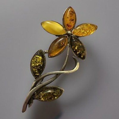 Natürliche mehrfarbige baltische Bernstein Sterling Silber 925 Blume Edelstein Brosche