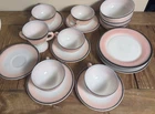 VTG Hazel Atlas Milk Glass 20pc Set Tea Cups Saucer Plates Bowls Pink Black MCM