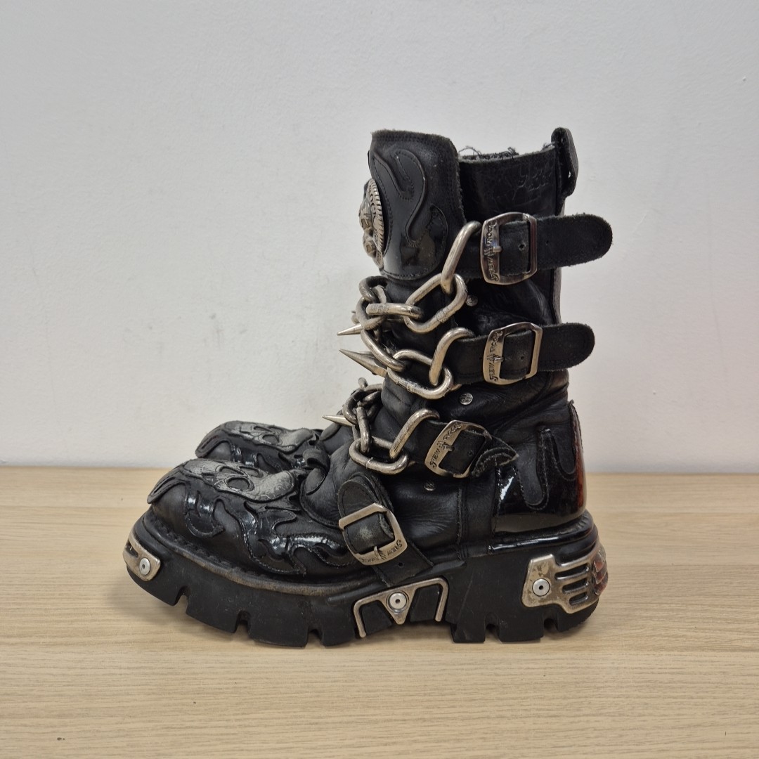 New Rock Reactor Skull Chain Spikes Leather Chunky Mid Calf Boots