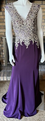JVN Jovani Eggplant Gown Gold Embroidery Semi Sheer Bodice NWT Size 8