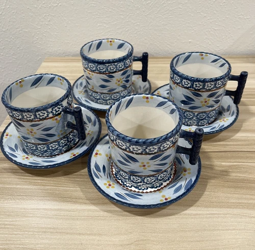 TEMPTATIONS by Tara 4 Set COFFEE TEA CUP MUG with SAUCER OLD WORLD BLUE Pattern