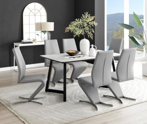 Carson Rectangular Dining Table in White with Marble Effect & 6 Willow Chairs