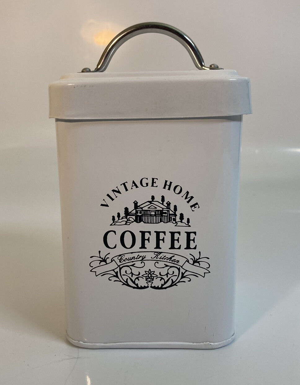 Vintage Home Country Kitchen White Metal Coffee Canister With Lid , 5.75”  Tall