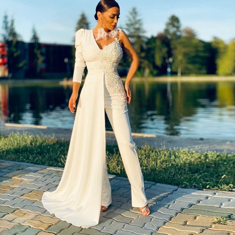 Off-the-Shoulder Wedding Jumpsuit with Lace Train