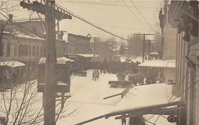H17/ Naples New York RPPC Postcard c1910 Winter Sleds Crowd Stores 2