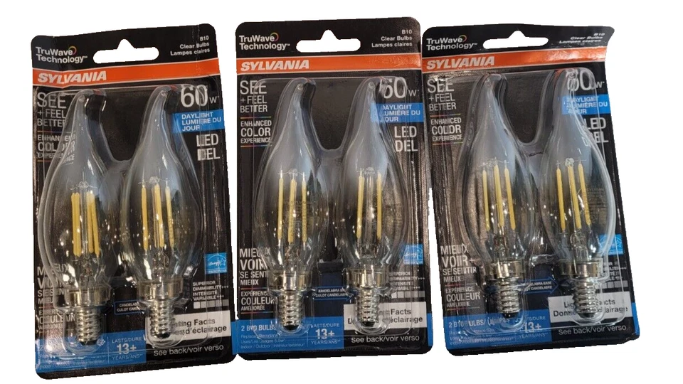 SET OF 3 SYLVANIA B10 LED Candelabra Base Light Bulb 60W Daylight Clear 6 BULBS - Image 2 of 4