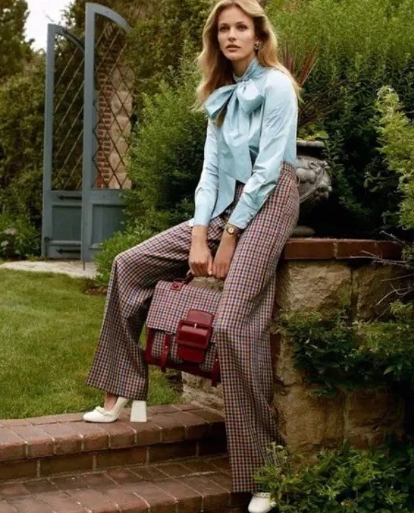 TORY BURCH AINSLEY Trouser Wide-Leg Plaid Houndstooth Acrylic Wool Blend Pants 8