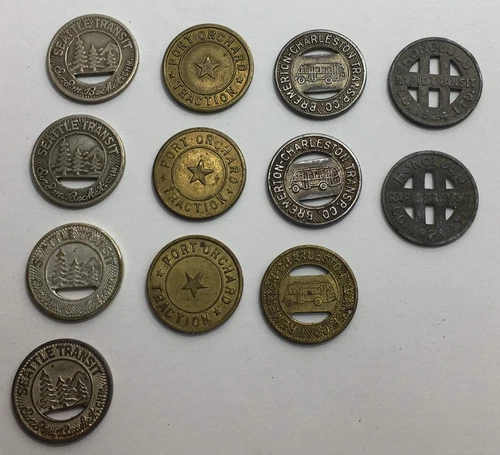 Antique Transit Tokens - Seattle - Honolulu - Port Orchard - Charleston - 12 Tok - product listing photo