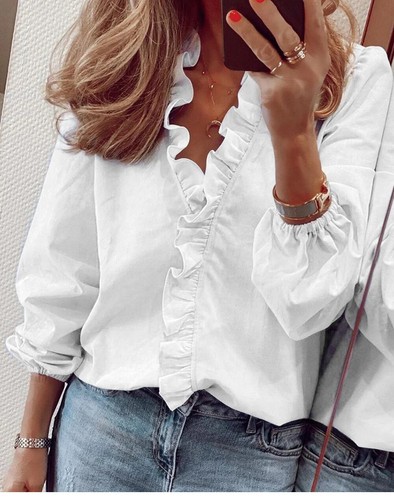 Womens Ruffle V Neck T Shirts Ladies Work Casual Long Sleeve Frill Blouse Tops - Picture 49 of 53