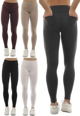 Damen lange Leggings Taschen hinten hoher Bund Hose lang Baumwolle - Bild 1 von 4