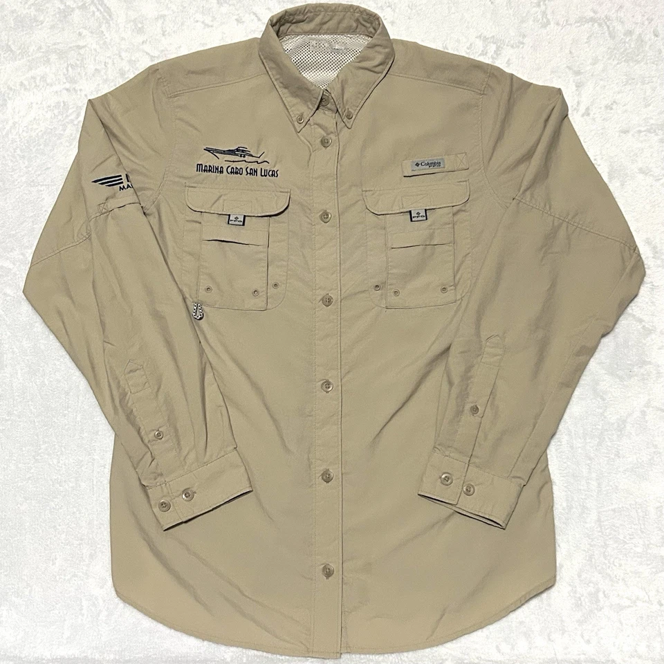 Columbia PFG Mujer S Pesca Botón Abajo Ventilado 2 Bolsillos Tostado Caqui *LEER* Foto 2 de 4