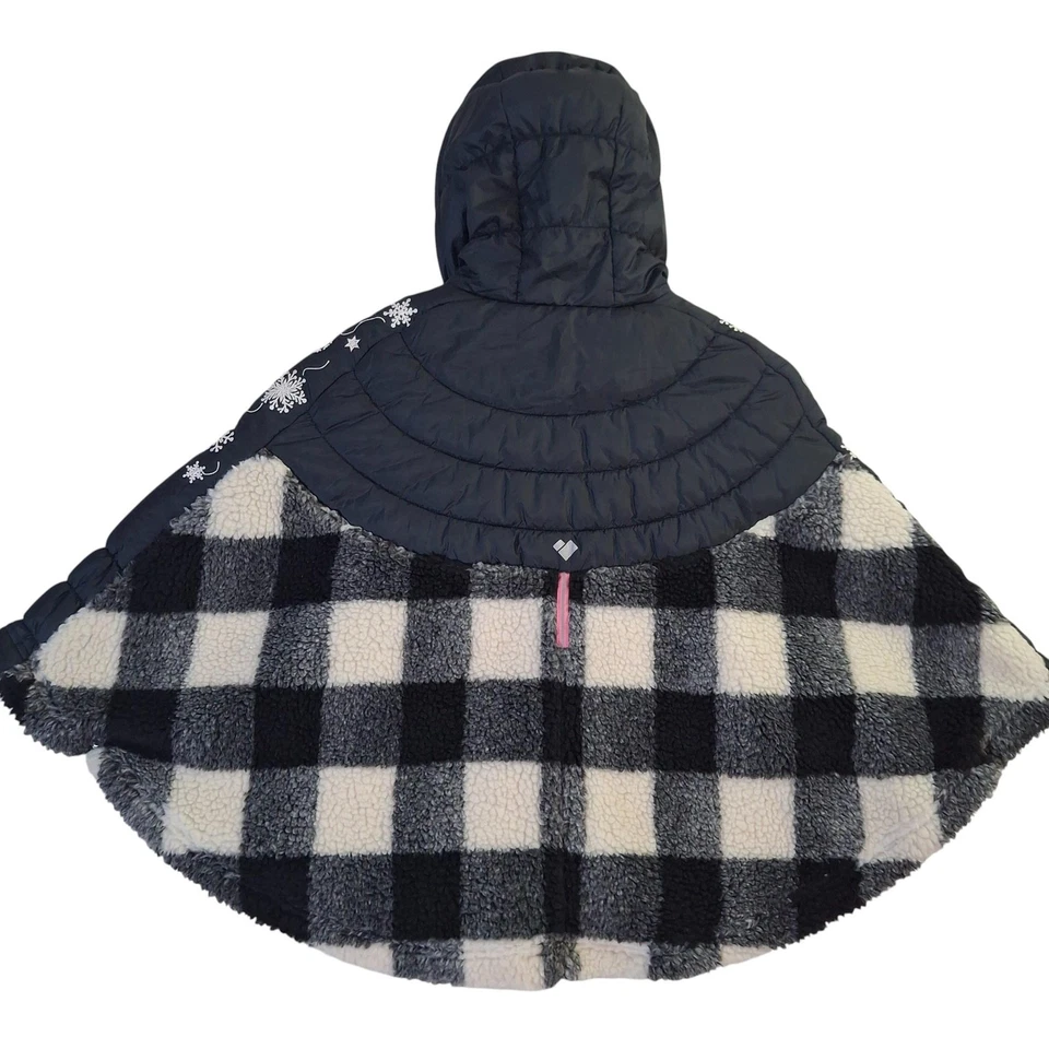 Poncho Obermeyer Juvenil Grande Negro Blanco Cuadros Sherpa Capa Acolchada con Capucha Foto 3 de 4