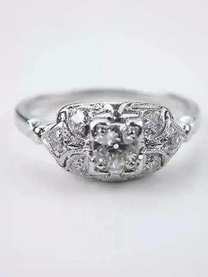 14K White Gold FN Art Deco Style Round Cut Lab Created Diamond Engagement Ring