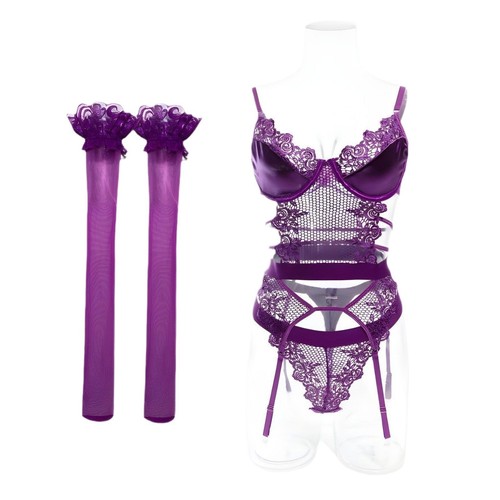 Lila Spitze Strumpfgürtel Stahlring Sexy Dessous Dreiteiliges Body Shaping Set - Bild 4 von 6