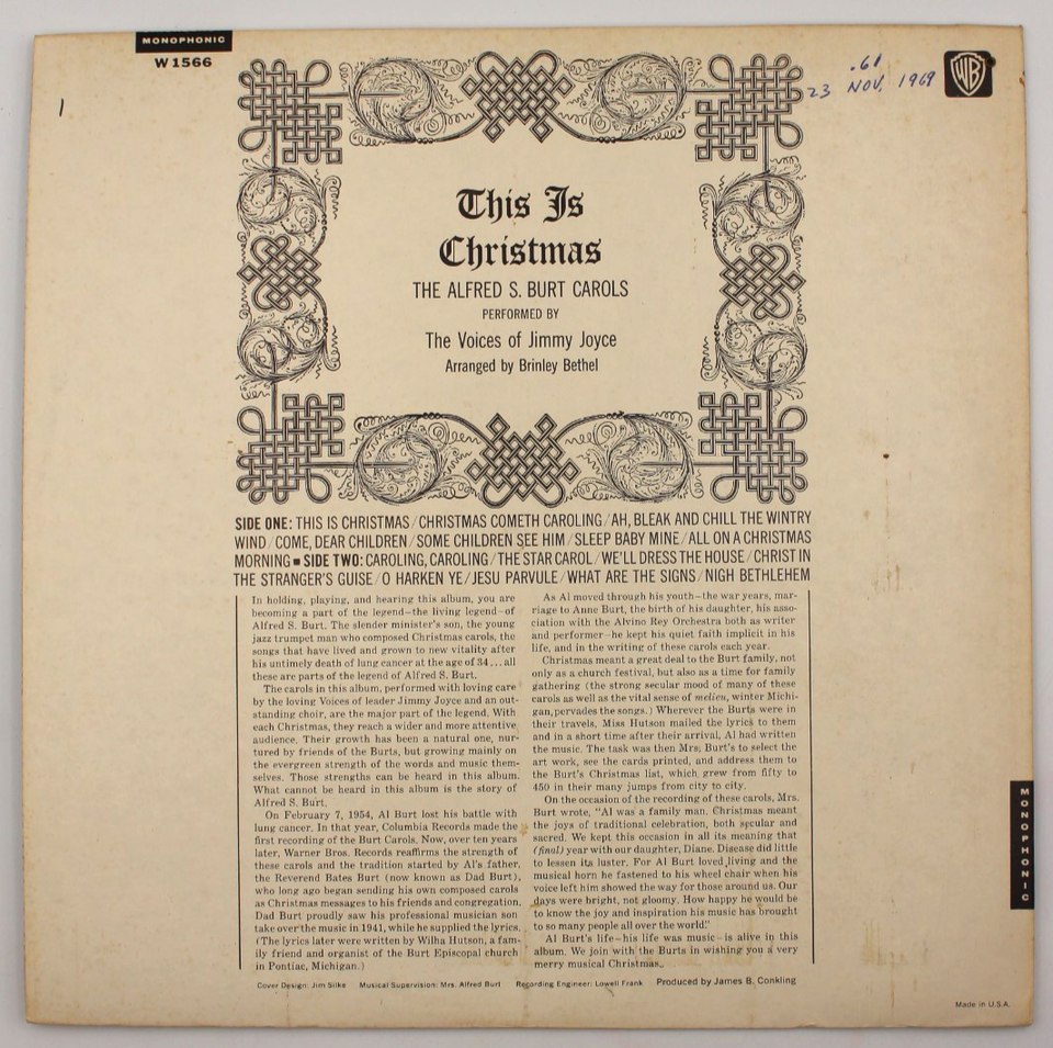 Jimmy Joyce / This Is Christmas / The Alfred S. Burt Carols LP Warner ...