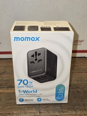 Momax 1-World 70w GaN Universal Travel UK EU AU US Multi Plug Adapter - Black