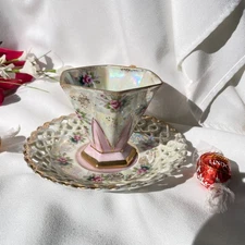 Vintage Bone China Lusterware Footed Teacup Pierced Saucer Small Roses Japan