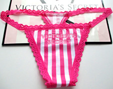 VICTORIA'S SECRET Cotton V-String Thong Panty Lace Trim S M XL Pink White Stripe
